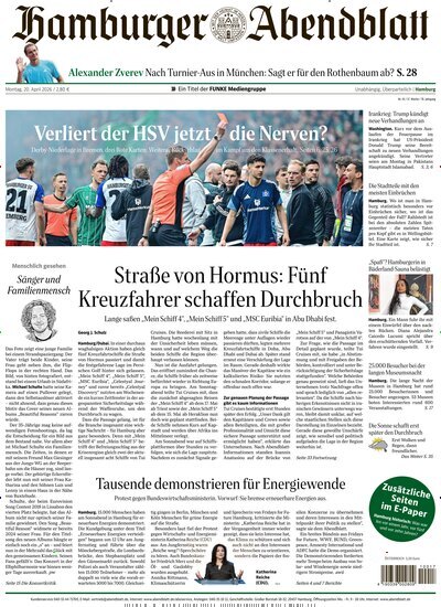 Titelbild der Ausgabe 91/2026 von Hamburger Abendblatt. Diese Zeitschrift und viele weitere Zeitungsabos als Abo oder epaper bei United Kiosk online kaufen.