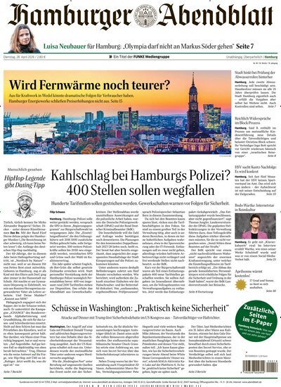 Titelbild der Ausgabe 98/2026 von Hamburger Abendblatt. Diese Zeitschrift und viele weitere Zeitungsabos als Abo oder epaper bei United Kiosk online kaufen.
