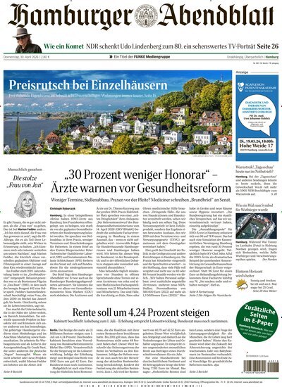 Titelbild der Ausgabe 100/2026 von Hamburger Abendblatt. Diese Zeitschrift und viele weitere Zeitungsabos als Abo oder epaper bei United Kiosk online kaufen.