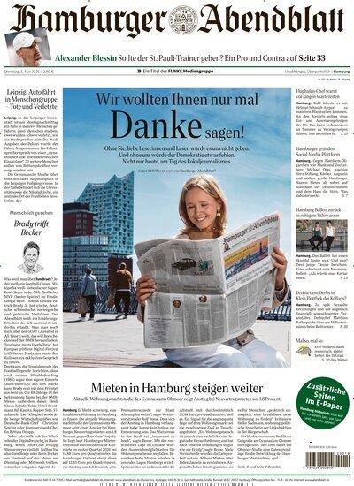 Titelbild der Ausgabe 103/2026 von Hamburger Abendblatt. Diese Zeitschrift und viele weitere Zeitungsabos als Abo oder epaper bei United Kiosk online kaufen.