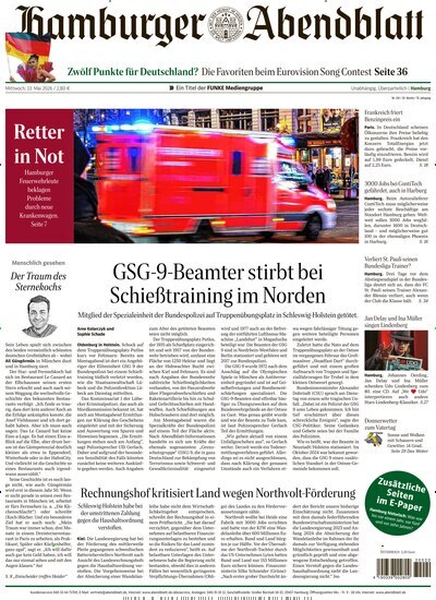 Titelbild der Ausgabe 110/2026 von Hamburger Abendblatt. Diese Zeitschrift und viele weitere Zeitungsabos als Abo oder epaper bei United Kiosk online kaufen.