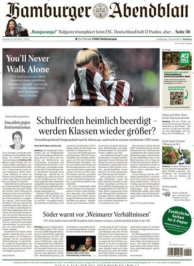 Titelbild der Ausgabe 113/2026 von Hamburger Abendblatt. Diese Zeitschrift und viele weitere Zeitungsabos als Abo oder epaper bei United Kiosk online kaufen.