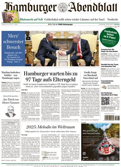 Titelbild der Ausgabe 130/2025 von Hamburger Abendblatt. Diese Zeitschrift und viele weitere Zeitungsabos als Abo oder epaper bei United Kiosk online kaufen.