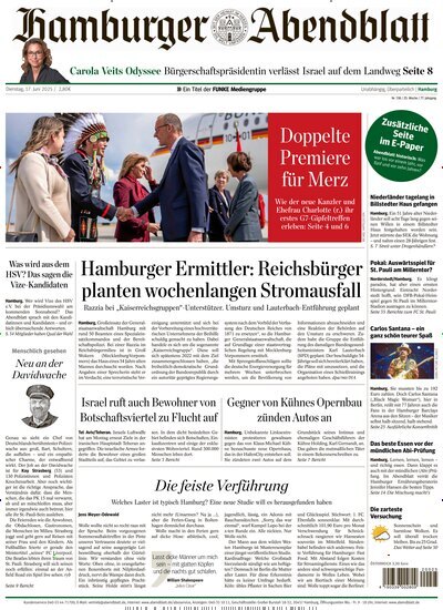 Titelbild der Ausgabe 138/2025 von Hamburger Abendblatt. Diese Zeitschrift und viele weitere Zeitungsabos als Abo oder epaper bei United Kiosk online kaufen.