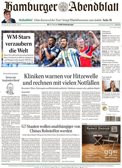 Titelbild der Ausgabe 139/2026 von Hamburger Abendblatt. Diese Zeitschrift und viele weitere Zeitungsabos als Abo oder epaper bei United Kiosk online kaufen.