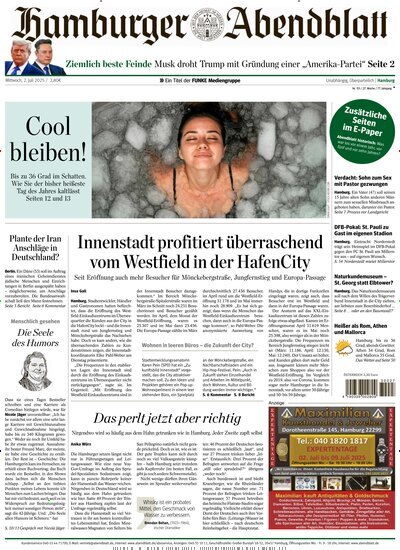 Titelbild der Ausgabe 151/2025 von Hamburger Abendblatt. Diese Zeitschrift und viele weitere Zeitungsabos als Abo oder epaper bei United Kiosk online kaufen.
