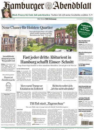 Titelbild der Ausgabe 163/2025 von Hamburger Abendblatt. Diese Zeitschrift und viele weitere Zeitungsabos als Abo oder epaper bei United Kiosk online kaufen.