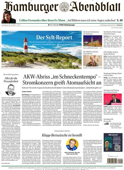 Titelbild der Ausgabe 165/2026 von Hamburger Abendblatt. Diese Zeitschrift und viele weitere Zeitungsabos als Abo oder epaper bei United Kiosk online kaufen.