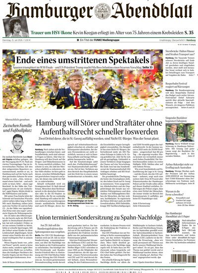 Titelbild der Ausgabe 167/2026 von Hamburger Abendblatt. Diese Zeitschrift und viele weitere Zeitungsabos als Abo oder epaper bei United Kiosk online kaufen.
