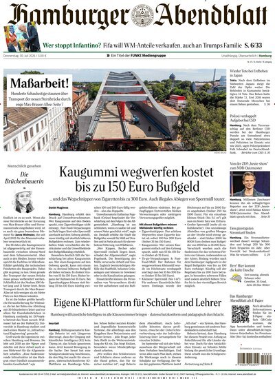 Titelbild der Ausgabe 175/2026 von Hamburger Abendblatt. Diese Zeitschrift und viele weitere Zeitungsabos als Abo oder epaper bei United Kiosk online kaufen.