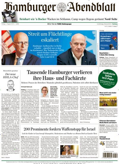 Titelbild der Ausgabe 177/2025 von Hamburger Abendblatt. Diese Zeitschrift und viele weitere Zeitungsabos als Abo oder epaper bei United Kiosk online kaufen.
