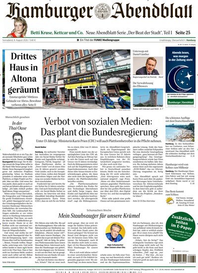 Titelbild der Ausgabe 183/2026 von Hamburger Abendblatt. Diese Zeitschrift und viele weitere Zeitungsabos als Abo oder epaper bei United Kiosk online kaufen.