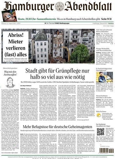 Titelbild der Ausgabe 186/2026 von Hamburger Abendblatt. Diese Zeitschrift und viele weitere Zeitungsabos als Abo oder epaper bei United Kiosk online kaufen.