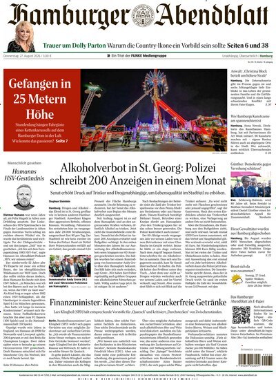 Titelbild der Ausgabe 199/2026 von Hamburger Abendblatt. Diese Zeitschrift und viele weitere Zeitungsabos als Abo oder epaper bei United Kiosk online kaufen.