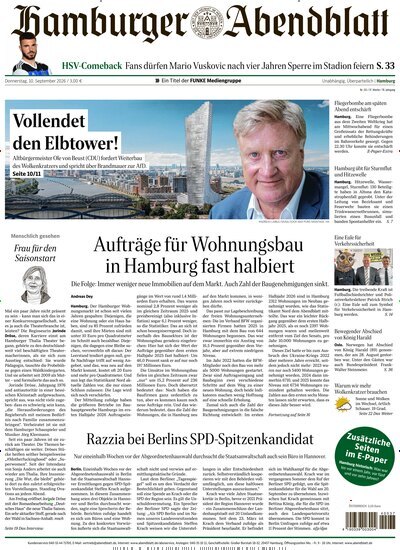 Titelbild der Ausgabe 211/2026 von Hamburger Abendblatt. Diese Zeitschrift und viele weitere Zeitungsabos als Abo oder epaper bei United Kiosk online kaufen.