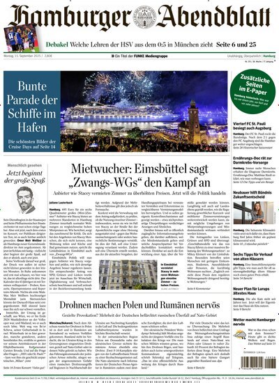 Titelbild der Ausgabe 215/2025 von Hamburger Abendblatt. Diese Zeitschrift und viele weitere Zeitungsabos als Abo oder epaper bei United Kiosk online kaufen.