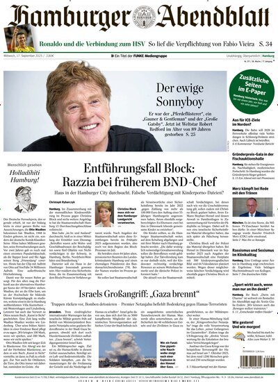 Titelbild der Ausgabe 217/2025 von Hamburger Abendblatt. Diese Zeitschrift und viele weitere Zeitungsabos als Abo oder epaper bei United Kiosk online kaufen.