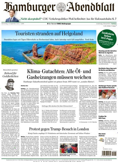 Titelbild der Ausgabe 218/2025 von Hamburger Abendblatt. Diese Zeitschrift und viele weitere Zeitungsabos als Abo oder epaper bei United Kiosk online kaufen.