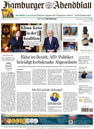 Titelbild der Ausgabe 243/2025 von Hamburger Abendblatt. Diese Zeitschrift und viele weitere Zeitungsabos als Abo oder epaper bei United Kiosk online kaufen.