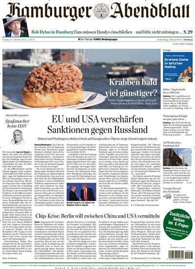 Titelbild der Ausgabe 248/2025 von Hamburger Abendblatt. Diese Zeitschrift und viele weitere Zeitungsabos als Abo oder epaper bei United Kiosk online kaufen.