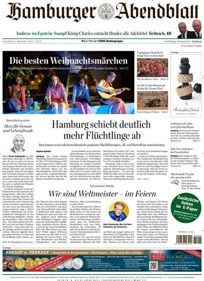 Titelbild der Ausgabe 254/2025 von Hamburger Abendblatt. Diese Zeitschrift und viele weitere Zeitungsabos als Abo oder epaper bei United Kiosk online kaufen.