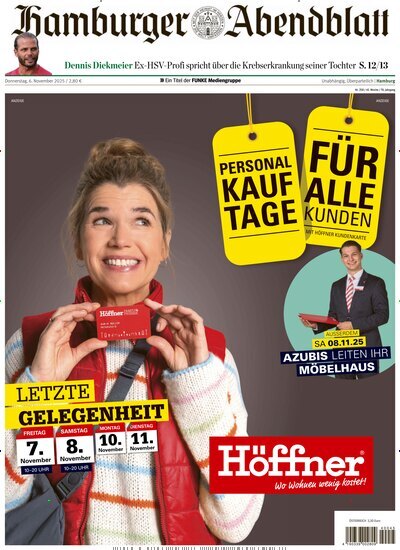Titelbild der Ausgabe 258/2025 von Hamburger Abendblatt. Diese Zeitschrift und viele weitere Zeitungsabos als Abo oder epaper bei United Kiosk online kaufen.