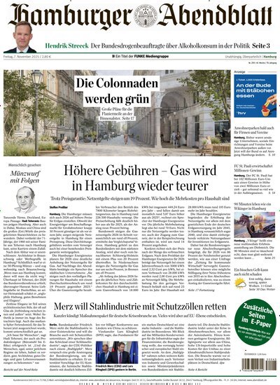 Titelbild der Ausgabe 259/2025 von Hamburger Abendblatt. Diese Zeitschrift und viele weitere Zeitungsabos als Abo oder epaper bei United Kiosk online kaufen.