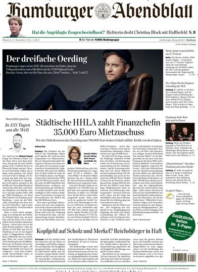 Titelbild der Ausgabe 263/2025 von Hamburger Abendblatt. Diese Zeitschrift und viele weitere Zeitungsabos als Abo oder epaper bei United Kiosk online kaufen.
