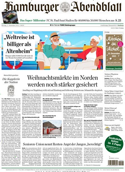 Titelbild der Ausgabe 267/2025 von Hamburger Abendblatt. Diese Zeitschrift und viele weitere Zeitungsabos als Abo oder epaper bei United Kiosk online kaufen.
