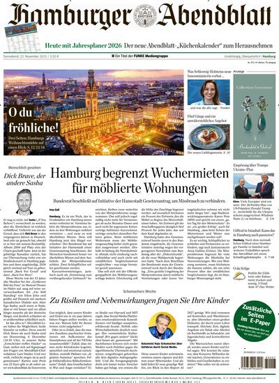 Titelbild der Ausgabe 272/2025 von Hamburger Abendblatt. Diese Zeitschrift und viele weitere Zeitungsabos als Abo oder epaper bei United Kiosk online kaufen.