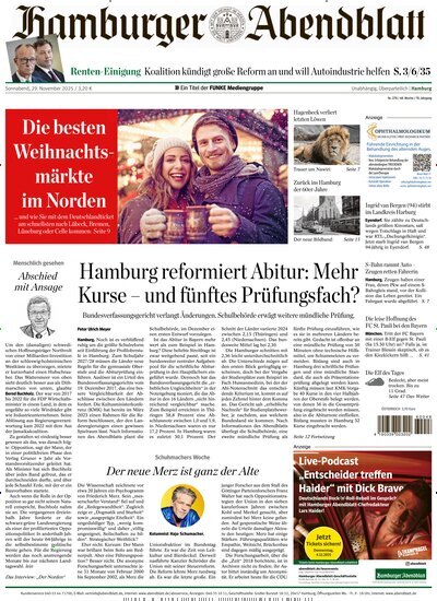 Titelbild der Ausgabe 278/2025 von Hamburger Abendblatt. Diese Zeitschrift und viele weitere Zeitungsabos als Abo oder epaper bei United Kiosk online kaufen.