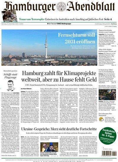 Titelbild der Ausgabe 292/2025 von Hamburger Abendblatt. Diese Zeitschrift und viele weitere Zeitungsabos als Abo oder epaper bei United Kiosk online kaufen.