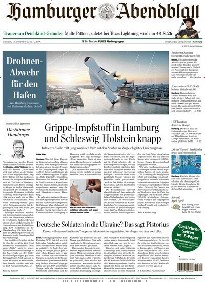 Titelbild der Ausgabe 293/2025 von Hamburger Abendblatt. Diese Zeitschrift und viele weitere Zeitungsabos als Abo oder epaper bei United Kiosk online kaufen.