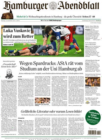 Titelbild der Ausgabe 297/2025 von Hamburger Abendblatt. Diese Zeitschrift und viele weitere Zeitungsabos als Abo oder epaper bei United Kiosk online kaufen.