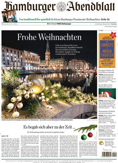 Titelbild der Ausgabe 299/2025 von Hamburger Abendblatt. Diese Zeitschrift und viele weitere Zeitungsabos als Abo oder epaper bei United Kiosk online kaufen.