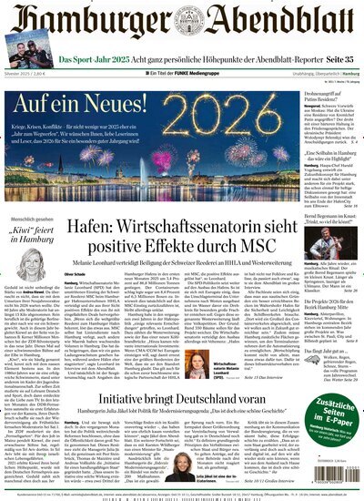 Titelbild der Ausgabe 303/2025 von Hamburger Abendblatt. Diese Zeitschrift und viele weitere Zeitungsabos als Abo oder epaper bei United Kiosk online kaufen.