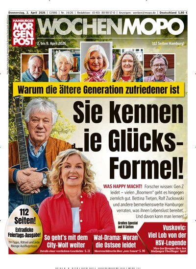 Titelbild der Ausgabe 14/2026 von Hamburger Morgenpost. Diese Zeitschrift und viele weitere Zeitungsabos als Abo oder epaper bei United Kiosk online kaufen.