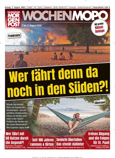 Titelbild der Ausgabe 32/2026 von Hamburger Morgenpost. Diese Zeitschrift und viele weitere Zeitungsabos als Abo oder epaper bei United Kiosk online kaufen.