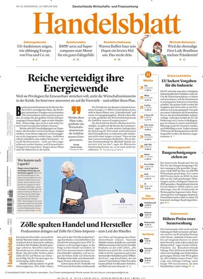 Titelbild der Ausgabe 35/2026 von Handelsblatt. Diese Zeitschrift und viele weitere Zeitungsabos als Abo oder epaper bei United Kiosk online kaufen.