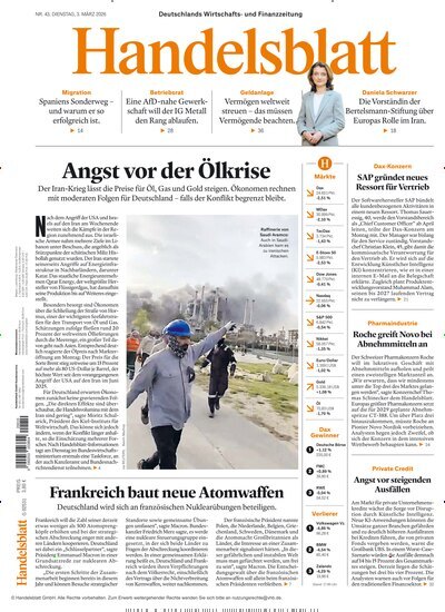 Titelbild der Ausgabe 43/2026 von Handelsblatt. Diese Zeitschrift und viele weitere Zeitungsabos als Abo oder epaper bei United Kiosk online kaufen.