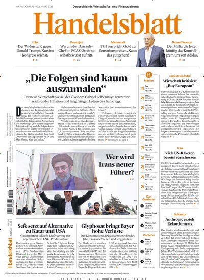 Titelbild der Ausgabe 45/2026 von Handelsblatt. Diese Zeitschrift und viele weitere Zeitungsabos als Abo oder epaper bei United Kiosk online kaufen.