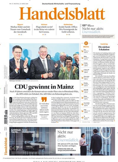 Titelbild der Ausgabe 57/2026 von Handelsblatt. Diese Zeitschrift und viele weitere Zeitungsabos als Abo oder epaper bei United Kiosk online kaufen.