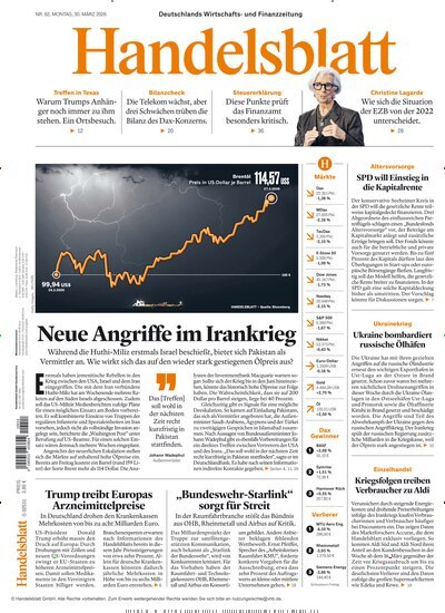 Titelbild der Ausgabe 62/2026 von Handelsblatt. Diese Zeitschrift und viele weitere Zeitungsabos als Abo oder epaper bei United Kiosk online kaufen.