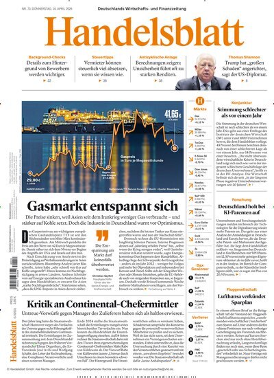 Titelbild der Ausgabe 73/2026 von Handelsblatt. Diese Zeitschrift und viele weitere Zeitungsabos als Abo oder epaper bei United Kiosk online kaufen.