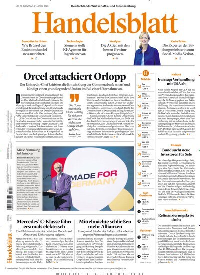 Titelbild der Ausgabe 76/2026 von Handelsblatt. Diese Zeitschrift und viele weitere Zeitungsabos als Abo oder epaper bei United Kiosk online kaufen.