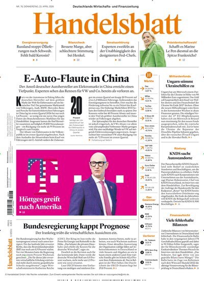 Titelbild der Ausgabe 78/2026 von Handelsblatt. Diese Zeitschrift und viele weitere Zeitungsabos als Abo oder epaper bei United Kiosk online kaufen.