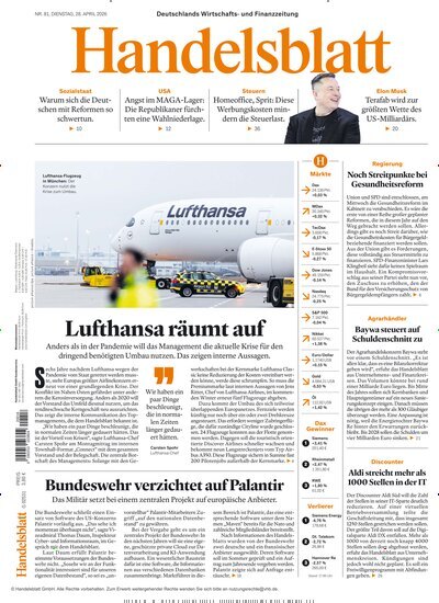 Titelbild der Ausgabe 81/2026 von Handelsblatt. Diese Zeitschrift und viele weitere Zeitungsabos als Abo oder epaper bei United Kiosk online kaufen.