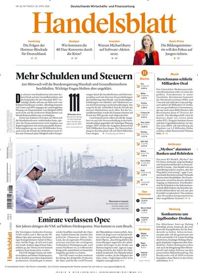 Titelbild der Ausgabe 82/2026 von Handelsblatt. Diese Zeitschrift und viele weitere Zeitungsabos als Abo oder epaper bei United Kiosk online kaufen.