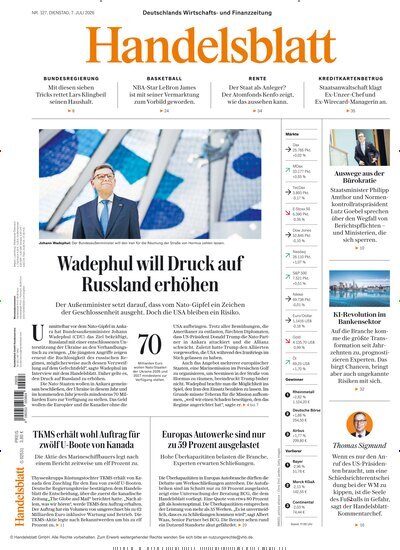 Titelbild der Ausgabe 128/2026 von Handelsblatt. Diese Zeitschrift und viele weitere Zeitungsabos als Abo oder epaper bei United Kiosk online kaufen.