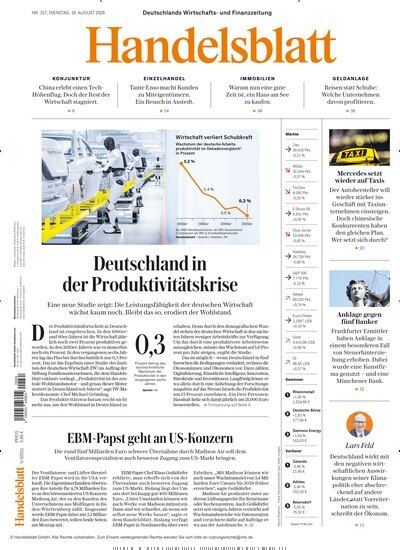 Titelbild der Ausgabe 158/2026 von Handelsblatt. Diese Zeitschrift und viele weitere Zeitungsabos als Abo oder epaper bei United Kiosk online kaufen.